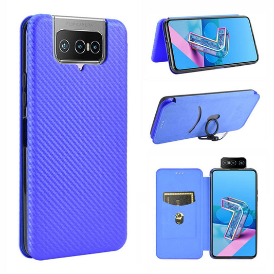Auto-absorbed Carbon Fiber Texture Stand Leather Case with Card Slot for Asus Zenfone 7 ZS670KS/7 Pro ZS671KS - Blue