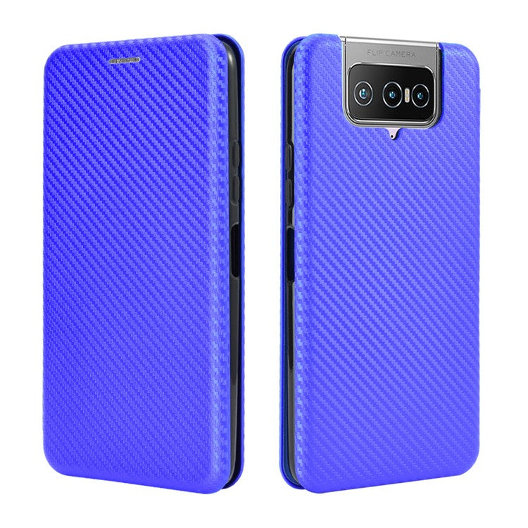 Auto-absorbed Carbon Fiber Texture Stand Leather Case with Card Slot for Asus Zenfone 7 ZS670KS/7 Pro ZS671KS - Blue