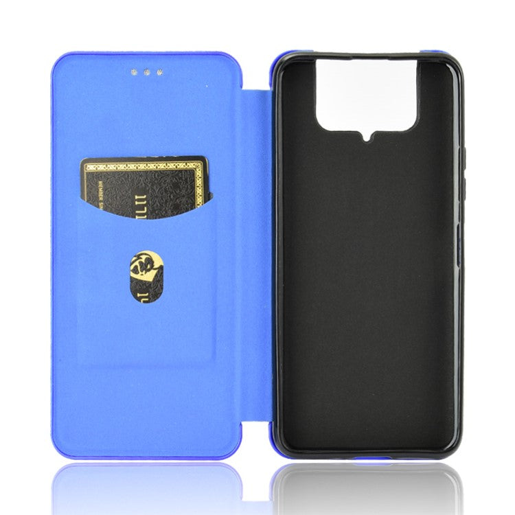 Auto-absorbed Carbon Fiber Texture Stand Leather Case with Card Slot for Asus Zenfone 7 ZS670KS/7 Pro ZS671KS - Blue