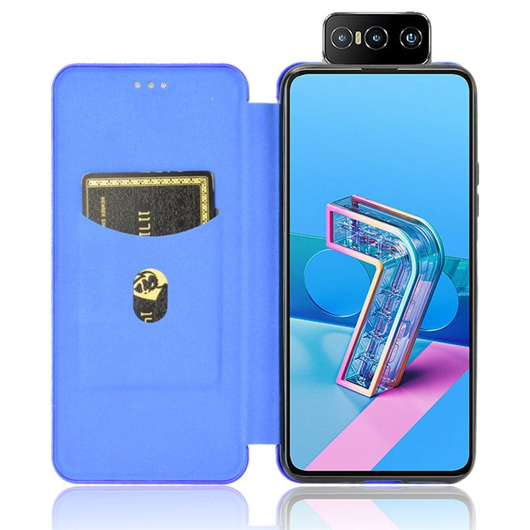 Auto-absorbed Carbon Fiber Texture Stand Leather Case with Card Slot for Asus Zenfone 7 ZS670KS/7 Pro ZS671KS - Blue