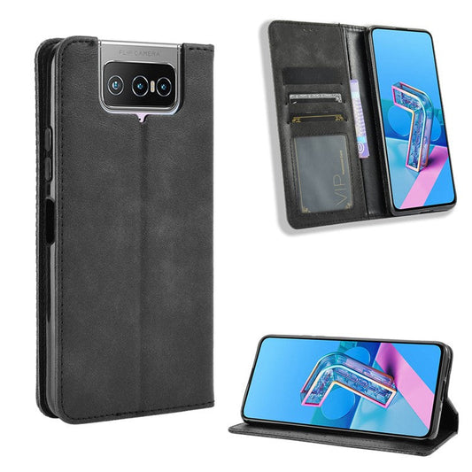 Auto-absorbed Retro PU Leather Cover for Asus Zenfone 7 Pro ZS671KS/Zenfone 7 ZS670KS - Black