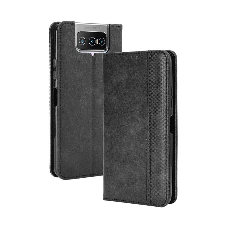 Auto-absorbed Retro PU Leather Cover for Asus Zenfone 7 Pro ZS671KS/Zenfone 7 ZS670KS - Black