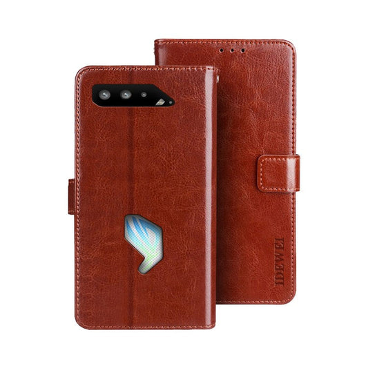 IDEWEI Folio Flip Crazy Horse Texture Leather Mobile Casing with Wallet Stand for Asus ROG Phone 5 - Brown