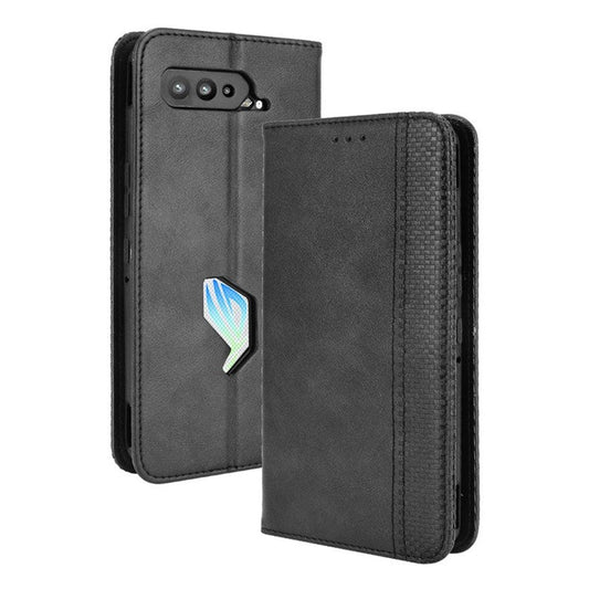 Magnetic Closure Vintage Style Phone Case Wallet Stand Leather Cover for Asus ROG Phone 5 - Black