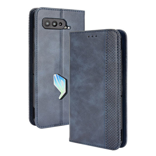Magnetic Closure Vintage Style Phone Case Wallet Stand Leather Cover for Asus ROG Phone 5 - Blue