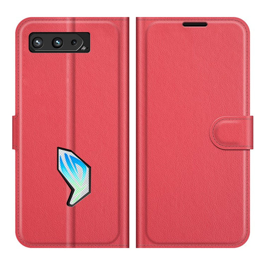 Litchi Skin Wallet Stand Leather Case Flip Mobile Phone Cover for Asus ROG Phone 5 - Red