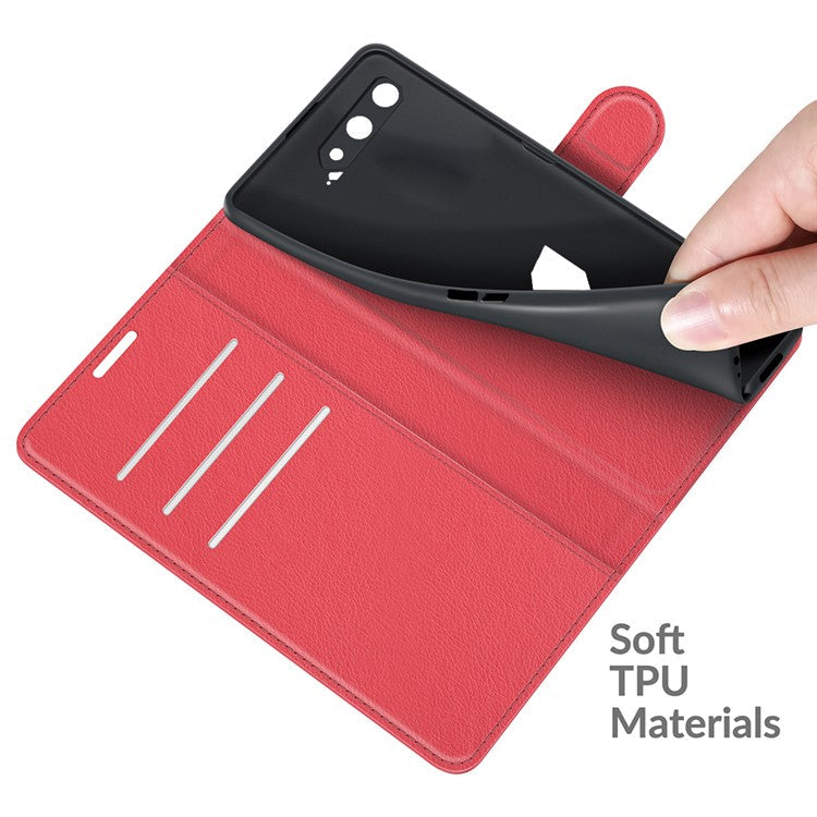 Litchi Skin Wallet Stand Leather Case Flip Mobile Phone Cover for Asus ROG Phone 5 - Red