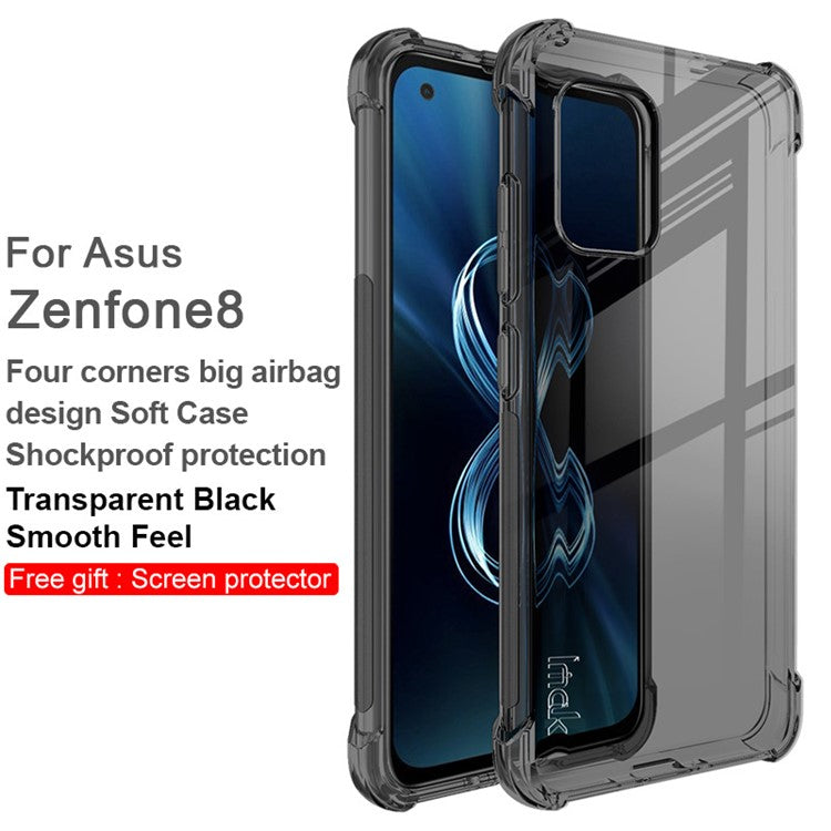 IMAK Flexible TPU Case Shock-Proof Cover with High Definition Screen Protector for Asus Zenfone 8 ZS590KS - Transparent Black