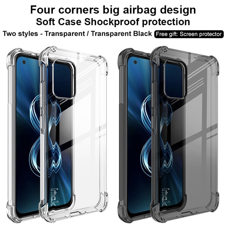 IMAK Flexible TPU Case Shock-Proof Cover with High Definition Screen Protector for Asus Zenfone 8 ZS590KS - Transparent Black