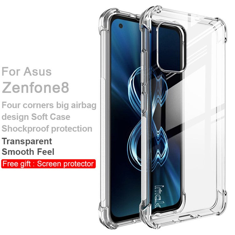 IMAK Flexible TPU Case Shock-Proof Cover with High Definition Screen Protector for Asus Zenfone 8 ZS590KS - Transparent