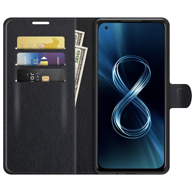 Wallet Design Litchi Skin Leather Case for Asus Zenfone 8 ZS590KS Mobile Phone Stand Cover - Black