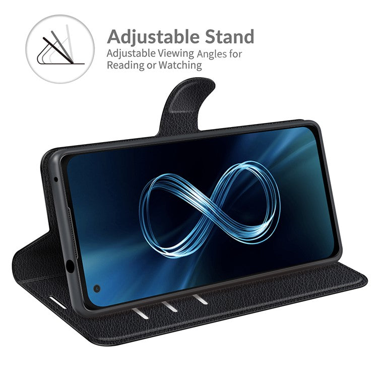 Wallet Design Litchi Skin Leather Case for Asus Zenfone 8 ZS590KS Mobile Phone Stand Cover - Black