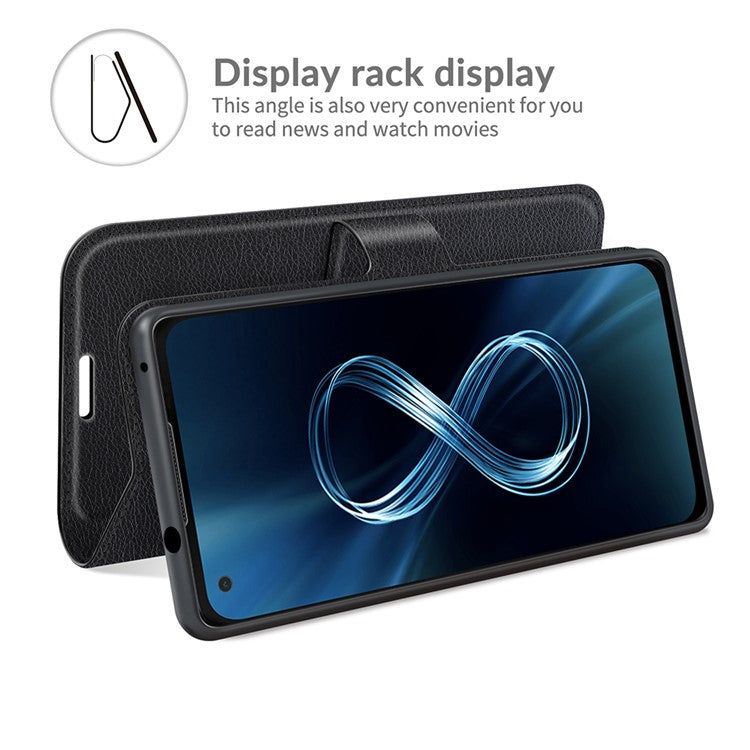 Wallet Design Litchi Skin Leather Case for Asus Zenfone 8 ZS590KS Mobile Phone Stand Cover - Black