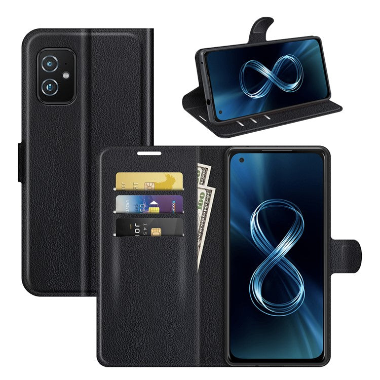 Wallet Design Litchi Skin Leather Case for Asus Zenfone 8 ZS590KS Mobile Phone Stand Cover - Black