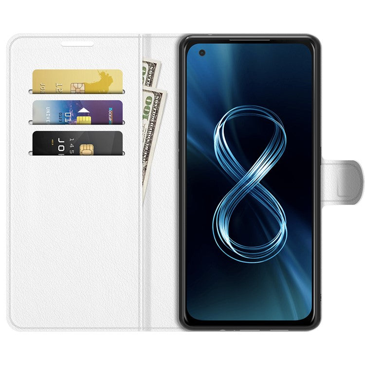 Wallet Design Litchi Skin Leather Case for Asus Zenfone 8 ZS590KS Mobile Phone Stand Cover - White