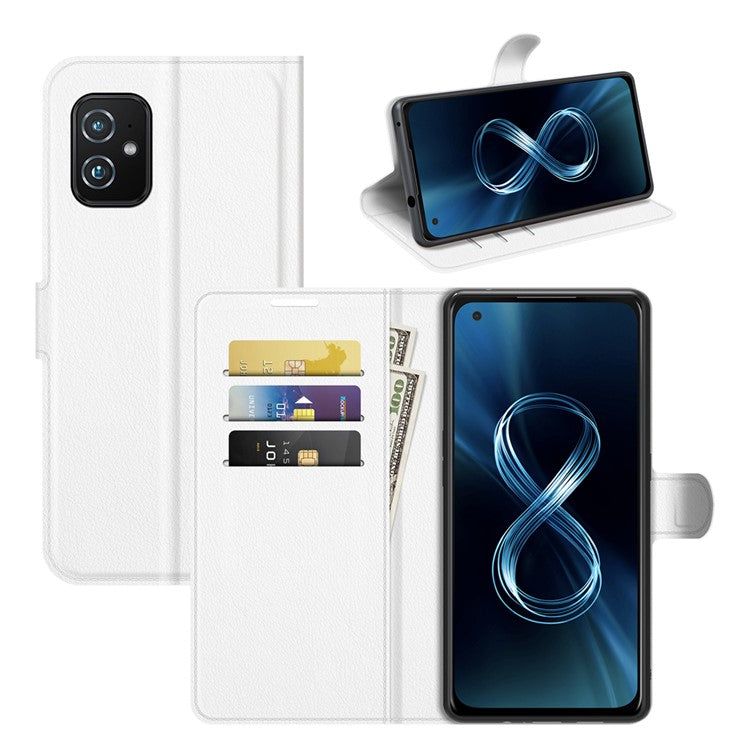 Wallet Design Litchi Skin Leather Case for Asus Zenfone 8 ZS590KS Mobile Phone Stand Cover - White