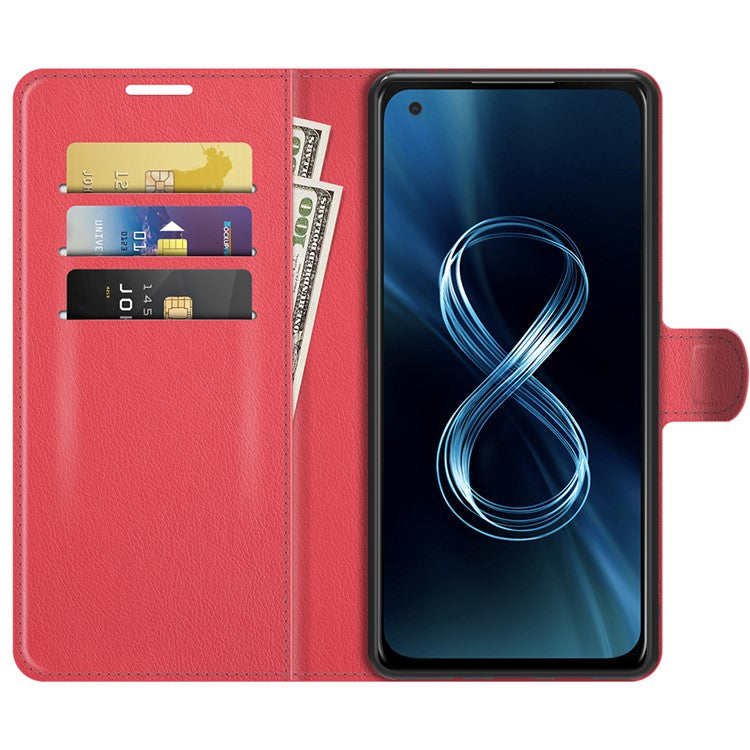 Wallet Design Litchi Skin Leather Case for Asus Zenfone 8 ZS590KS Mobile Phone Stand Cover - Red