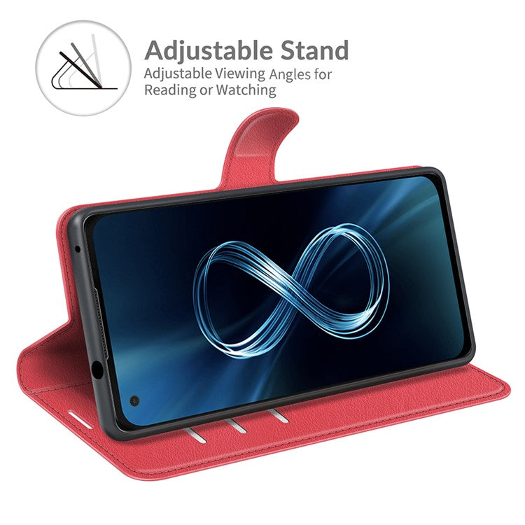 Wallet Design Litchi Skin Leather Case for Asus Zenfone 8 ZS590KS Mobile Phone Stand Cover - Red
