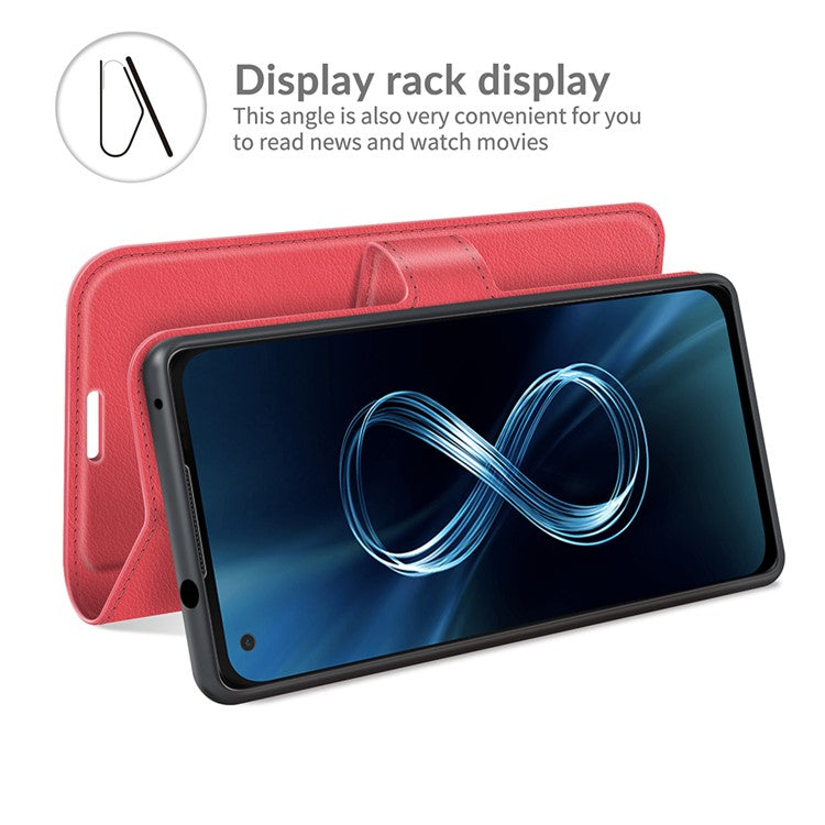 Wallet Design Litchi Skin Leather Case for Asus Zenfone 8 ZS590KS Mobile Phone Stand Cover - Red