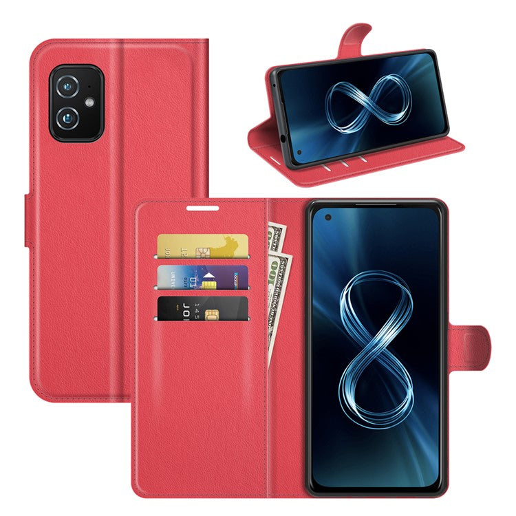 Wallet Design Litchi Skin Leather Case for Asus Zenfone 8 ZS590KS Mobile Phone Stand Cover - Red