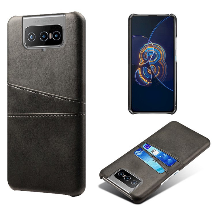 KSQ Leather Coated PC Case Mobile Phone Protective Case Shell with Dual Card Holder for Asus Zenfone 8 Flip - Black