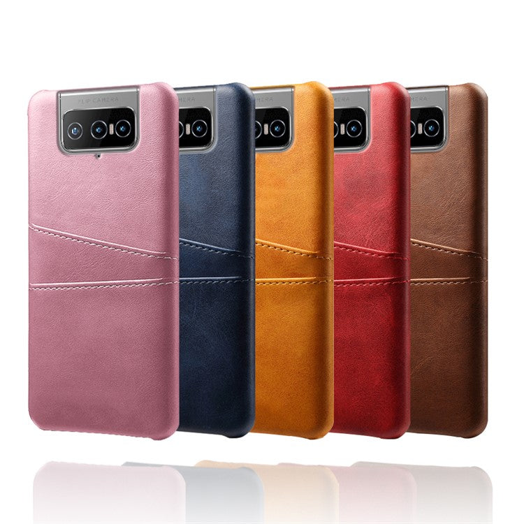 KSQ Leather Coated PC Case Mobile Phone Protective Case Shell with Dual Card Holder for Asus Zenfone 8 Flip - Black
