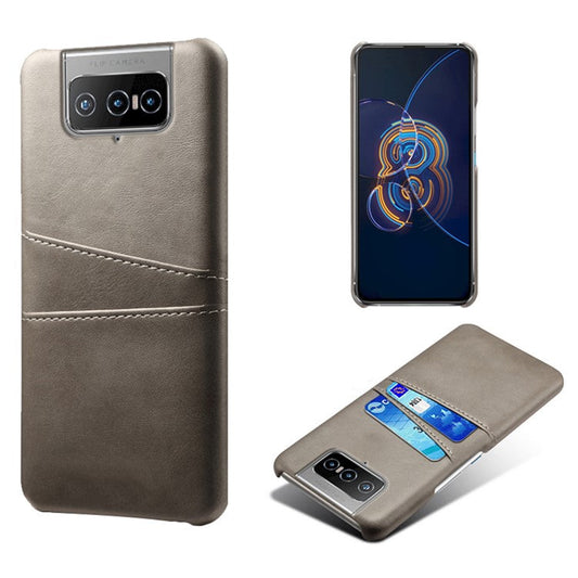 KSQ Leather Coated PC Case Mobile Phone Protective Case Shell with Dual Card Holder for Asus Zenfone 8 Flip - Grey