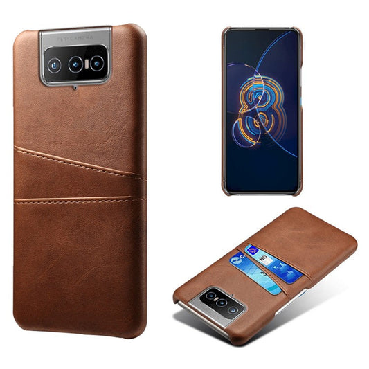 KSQ Leather Coated PC Case Mobile Phone Protective Case Shell with Dual Card Holder for Asus Zenfone 8 Flip - Brown