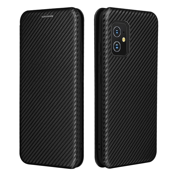 Carbon Fiber Texture Auto-absorbed Leather Cell Phone Case Shell with Card Holder for Asus Zenfone 8 - Black