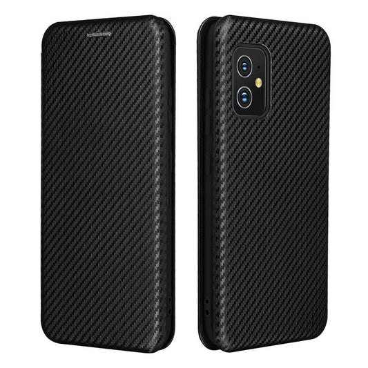 Carbon Fiber Texture Auto-absorbed Leather Cell Phone Case Shell with Card Holder for Asus Zenfone 8 - Black