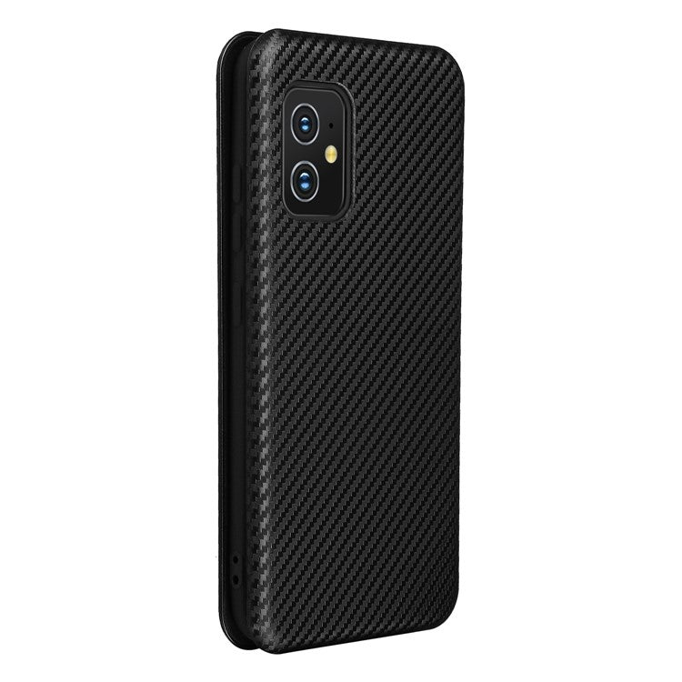 Carbon Fiber Texture Auto-absorbed Leather Cell Phone Case Shell with Card Holder for Asus Zenfone 8 - Black