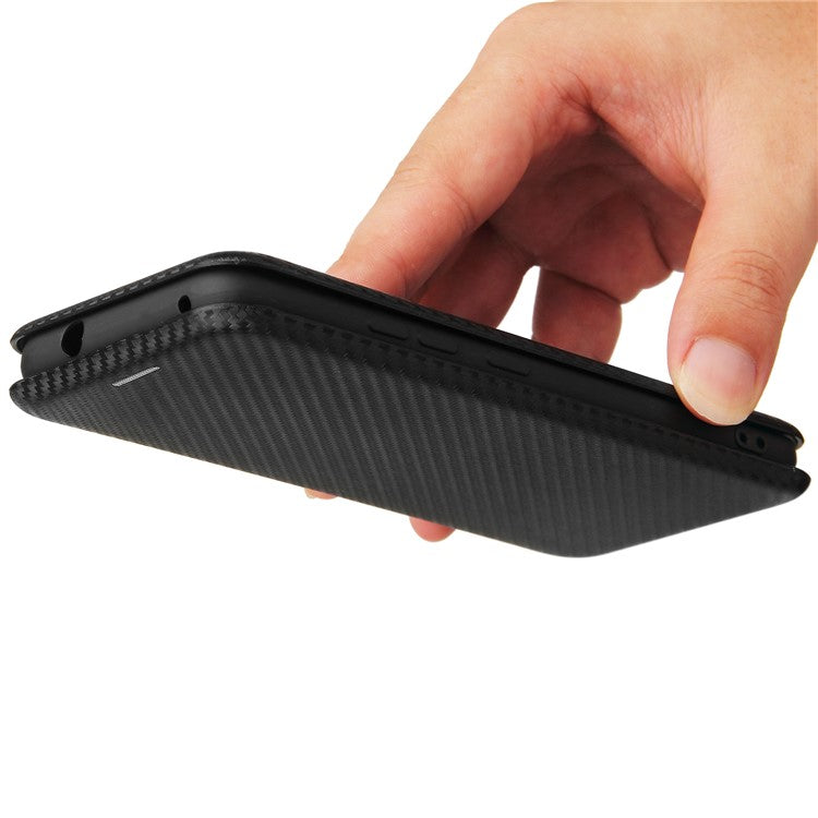 Carbon Fiber Texture Auto-absorbed Leather Cell Phone Case Shell with Card Holder for Asus Zenfone 8 - Black