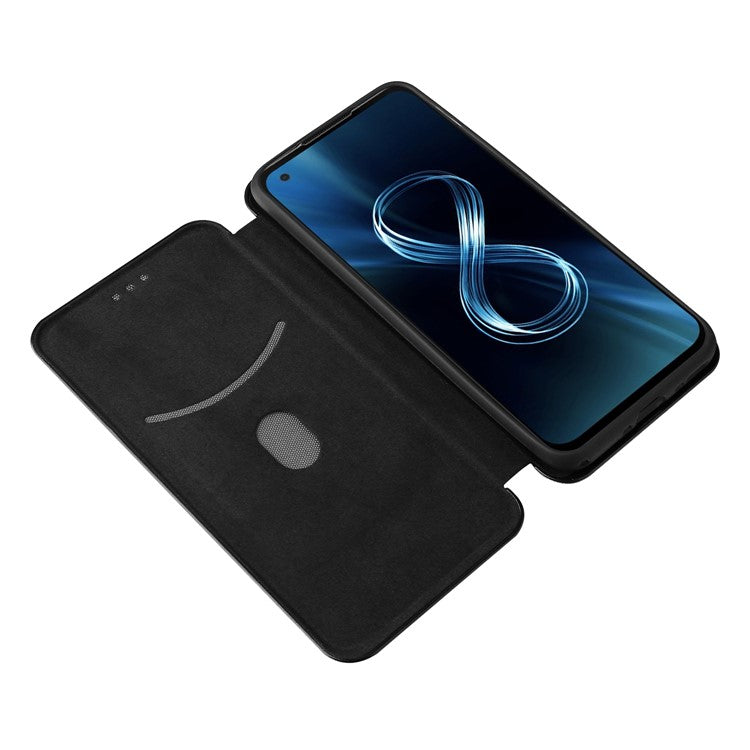 Carbon Fiber Texture Auto-absorbed Leather Cell Phone Case Shell with Card Holder for Asus Zenfone 8 - Black