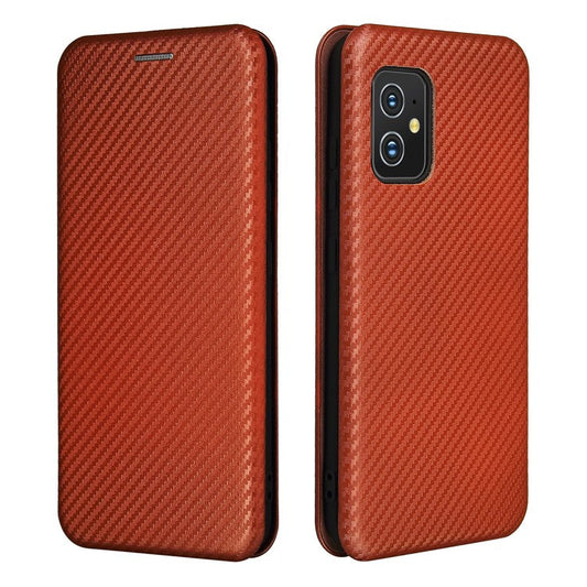 Carbon Fiber Texture Auto-absorbed Leather Cell Phone Case Shell with Card Holder for Asus Zenfone 8 - Orange