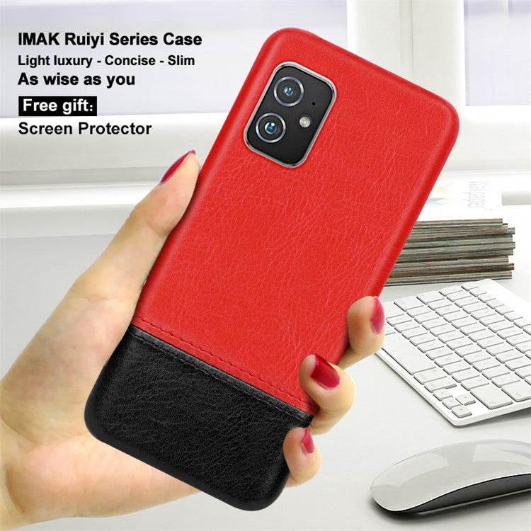 IMAK Ruiyi Series Bi-Color PU Leather Coated PC Cell Phone Back Case Shell with Screen Protector for Asus Zenfone 8 ZS590KS - Red / Black
