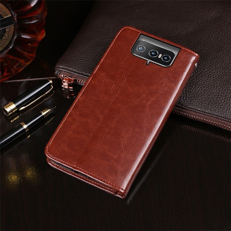 IDEWEI Wallet Stand Case Crazy Horse Texture PU Leather Phone Shell for Asus Zenfone 8 Flip - Brown