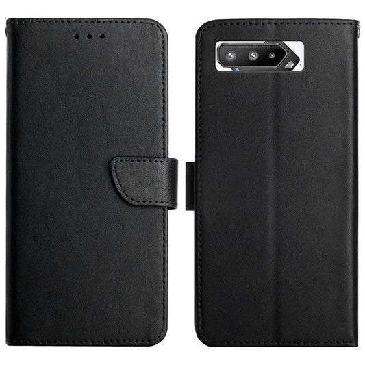 Nappa Texture Genuine Leather Folio Flip Cover Phone Shell Wallet Stand Case for Asus ROG Phone 5 - Black
