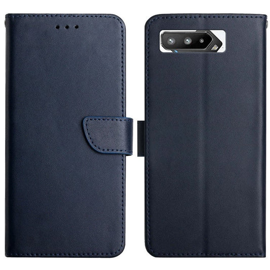 Nappa Texture Genuine Leather Folio Flip Cover Phone Shell Wallet Stand Case for Asus ROG Phone 5 - Blue