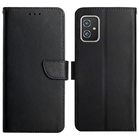 Flip Design Wallet Stand Phone Cover Genuine Leather + TPU Nappa Texture Full Body Protective Phone Case for Asus Zenfone 8 - Black