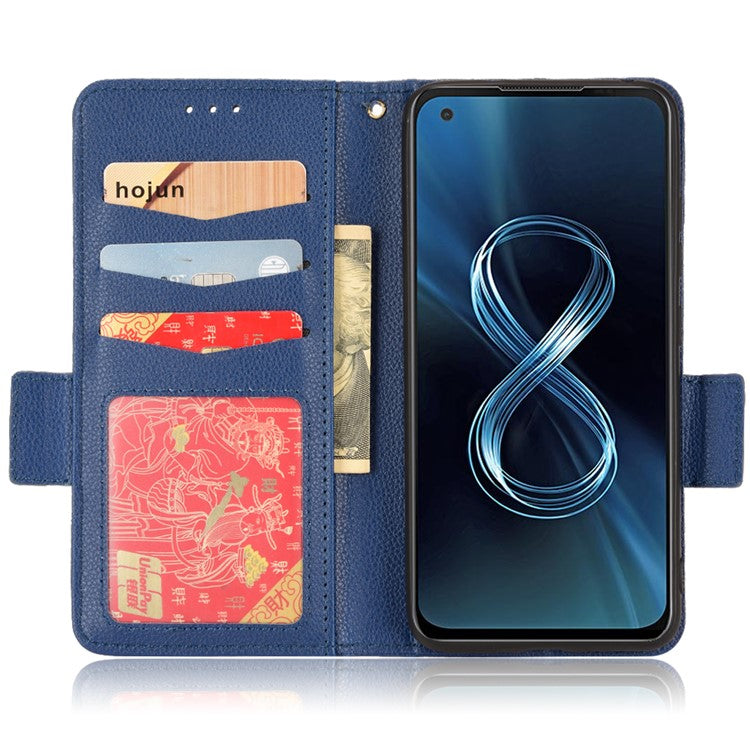 For Asus Zenfone 8 ZS590KS / Zenfone 8Z Litchi Texture Leather Phone Case PU Leather Protective Cover Stand Wallet - Dark Blue