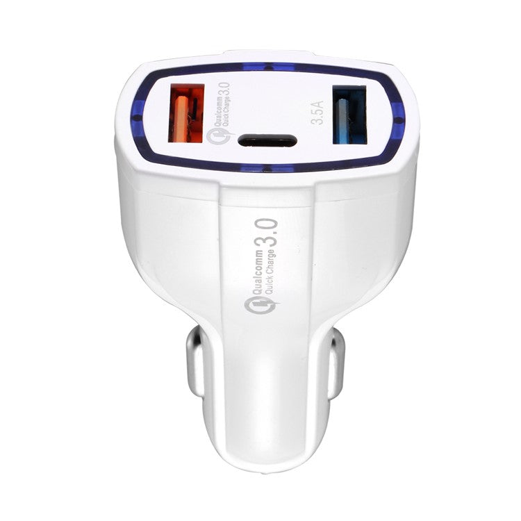 Dual USB QC 3.0 Type-C Fast Charging Car Charger Adapter for iPhone Samsung Huawei - White
