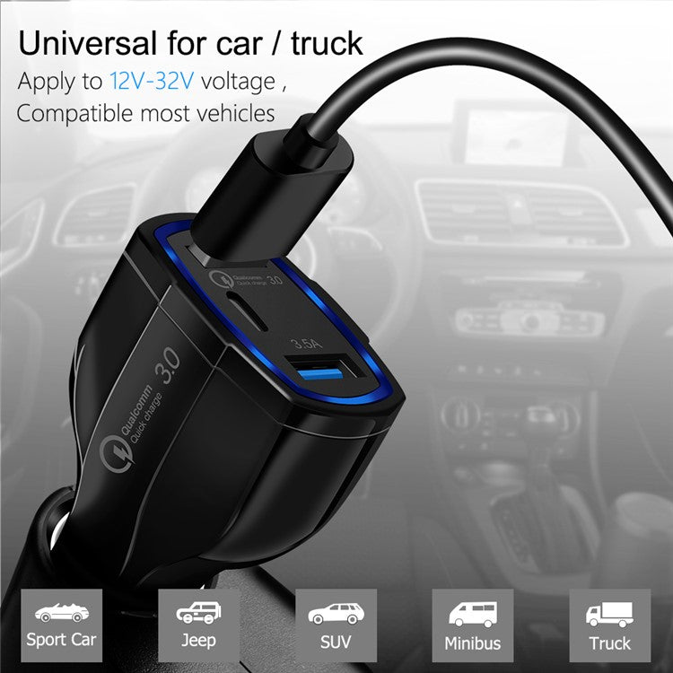 Dual USB QC 3.0 Type-C Fast Charging Car Charger Adapter for iPhone Samsung Huawei - Black
