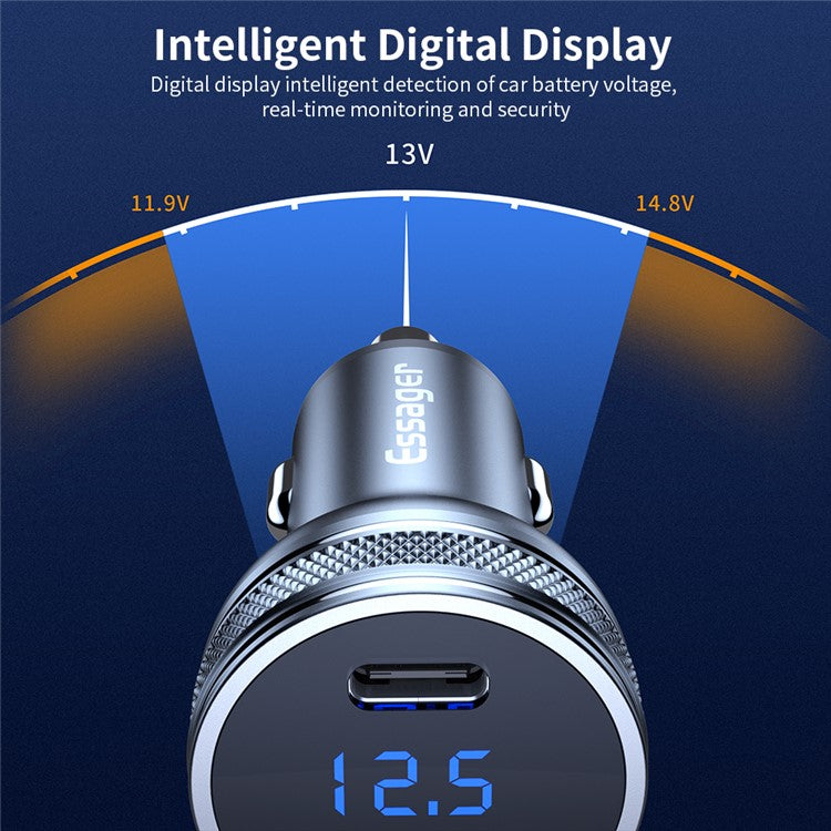 ESSAGER PD 3.0+QC 3.0 36W Car Charger Digital Display Type-C USB-A Dual Port Car Charger Adapter