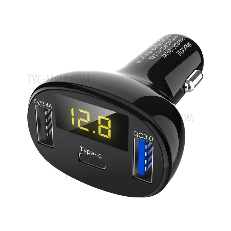 C02 Digital Display Type-C and Dual USB Ports Car Charger