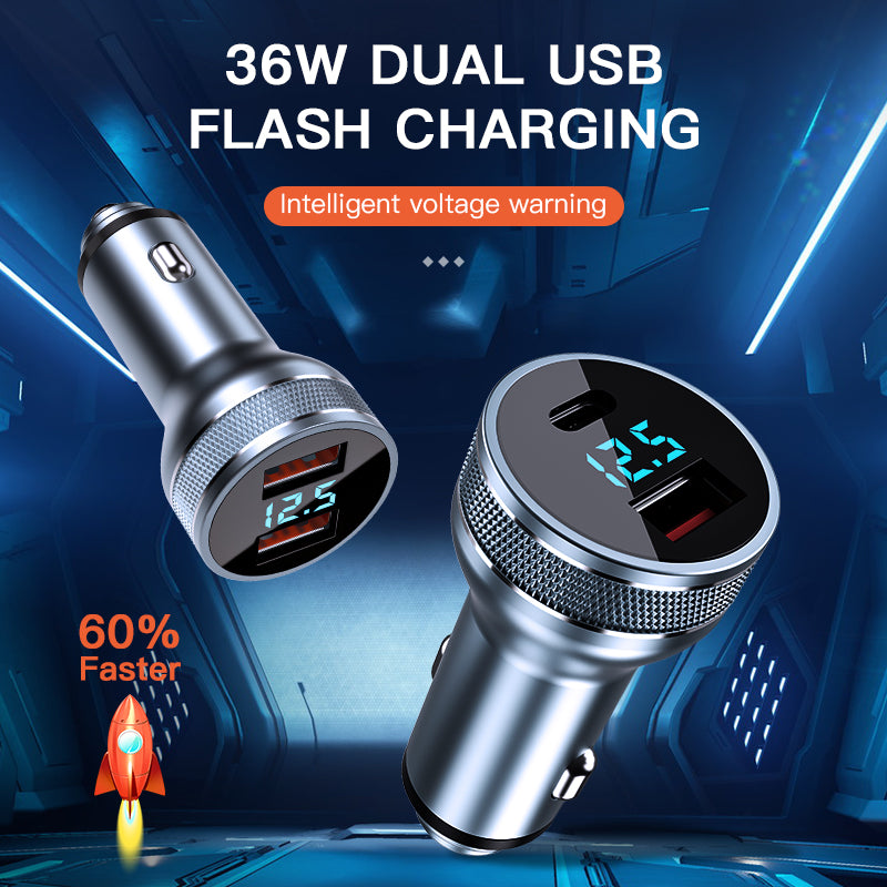 KUULAA 36W QC 3.0+PD 18W Car Phone Charger Cigarette Lighter USB Fast Charging Charger Adapter with Voltage Display