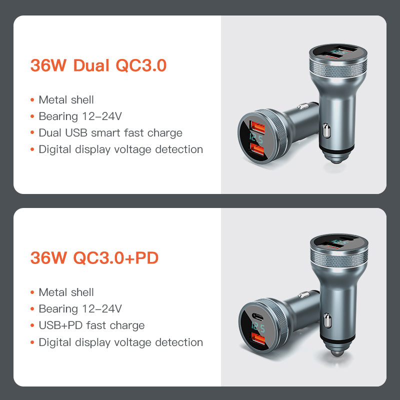 KUULAA 36W QC 3.0+PD 18W Car Phone Charger Cigarette Lighter USB Fast Charging Charger Adapter with Voltage Display
