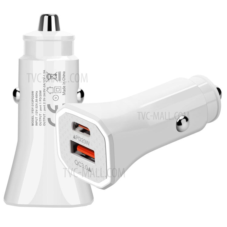 YSY-316PD20W QC3.0 USB + PD 20W Type-C Dual Port Mobile Phone Car Charger Fast Charging Adapter - White