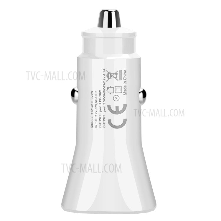 YSY-316PD20W QC3.0 USB + PD 20W Type-C Dual Port Mobile Phone Car Charger Fast Charging Adapter - White