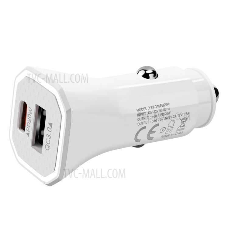YSY-316PD20W QC3.0 USB + PD 20W Type-C Dual Port Mobile Phone Car Charger Fast Charging Adapter - White