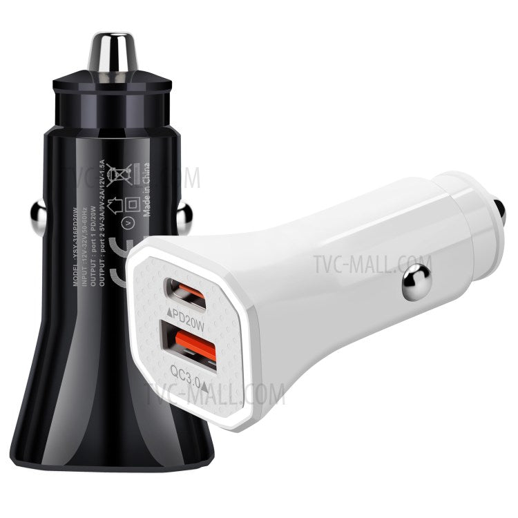 YSY-316PD20W QC3.0 USB + PD 20W Type-C Dual Port Mobile Phone Car Charger Fast Charging Adapter - White